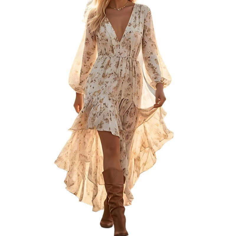 V-neck Irregular Hem Printed Long Sleeve Dress – Image 2