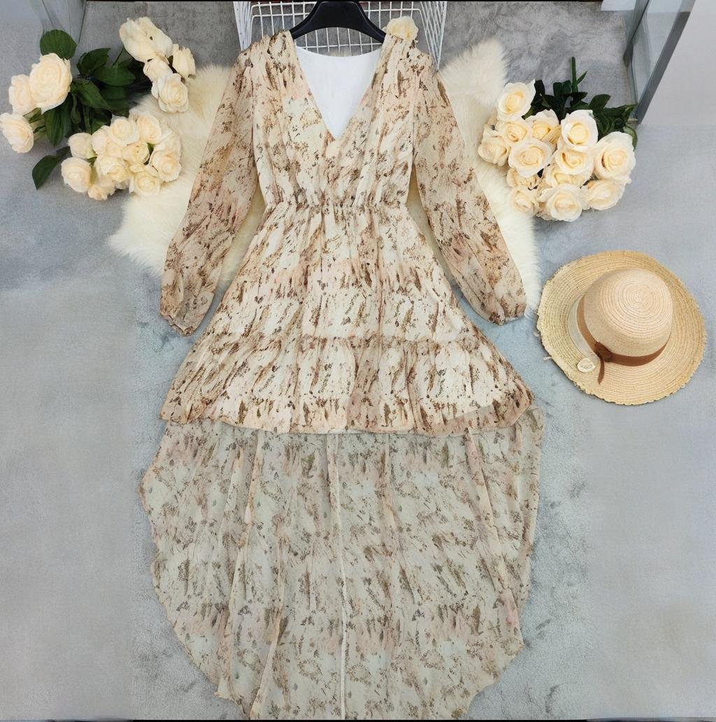 V-neck Irregular Hem Printed Long Sleeve Dress – Image 4