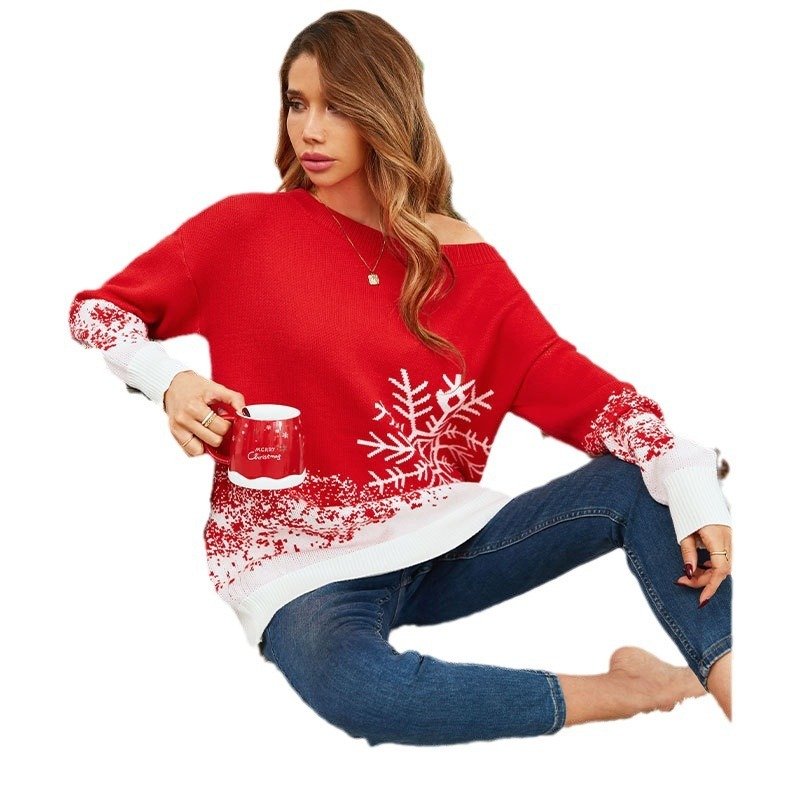 Little Snowflake Christmas Sweater Casual Off-the-shoulder Sweater Women – Image 6
