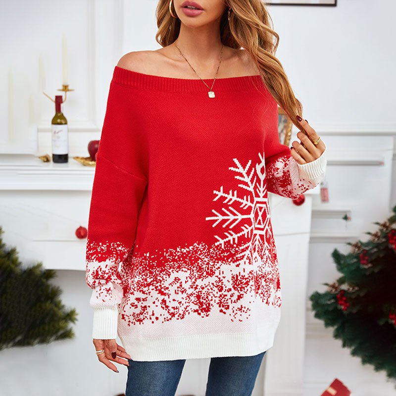 Little Snowflake Christmas Sweater Casual Off-the-shoulder Sweater Women – Image 2