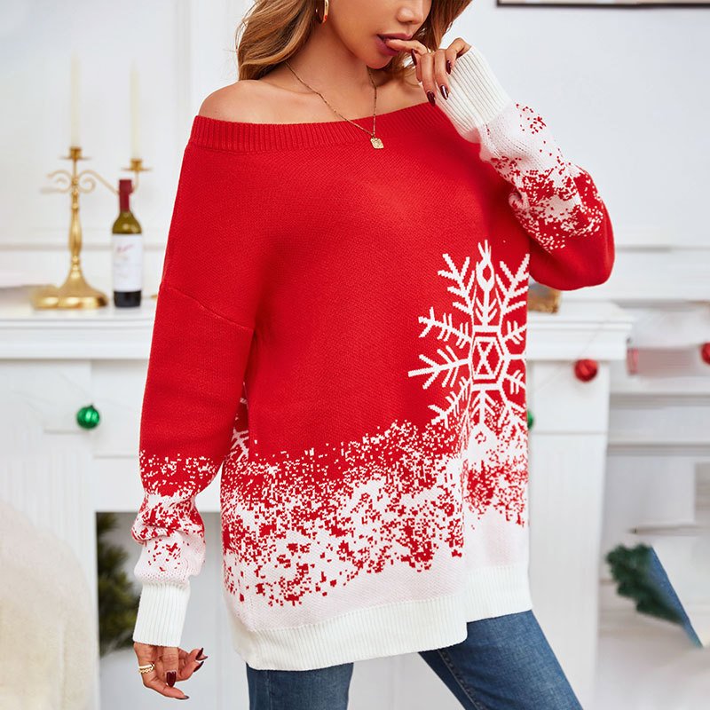 Little Snowflake Christmas Sweater Casual Off-the-shoulder Sweater Women – Image 3